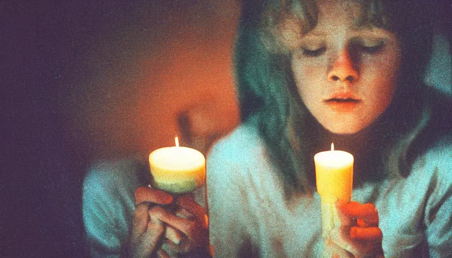 Image similar to 7 0 s film still from a horror movie about a teenager and a candle, kodachrome, cinecolor, cinestill, film grain, film texture, retro, cinematic, high resolution, photorealism,