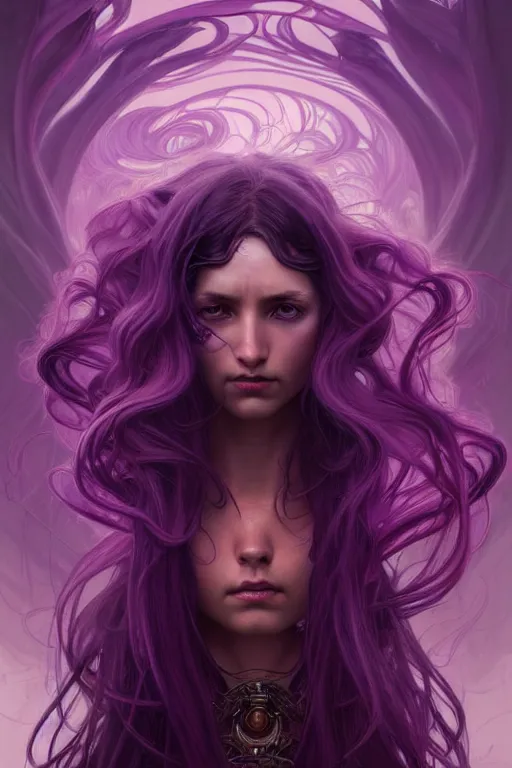 Image similar to giant purple worm, fantasy, amber eyes, face, long hair, intricate, elegant, highly detailed, digital painting, artstation, concept art, smooth, sharp focus, illustration, art by artgerm and greg rutkowski and alphonse mucha