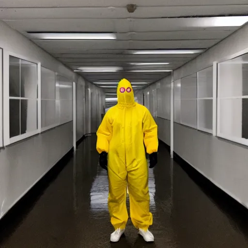 Image similar to a man wearing a yellow hazmat suit inside the backrooms, liminal space, flickering fluorescent lights, eerie mood