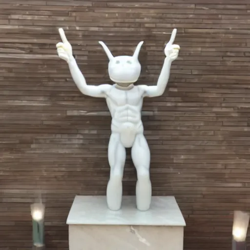 Prompt: a white marble statue of the reddit alien mascot surrounded by lit candles