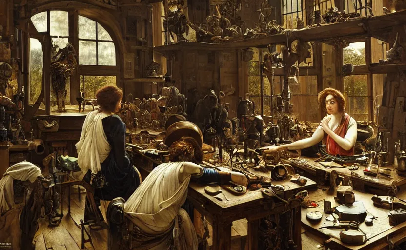 Prompt: the watchmaker's workshop, intricate, highly detailed, by edgar maxence and caravaggio and michael whelan and delacroix style, ambient lighting, photorealistic, extremely detailed, establishing shot, high resolution, dramatic lighting