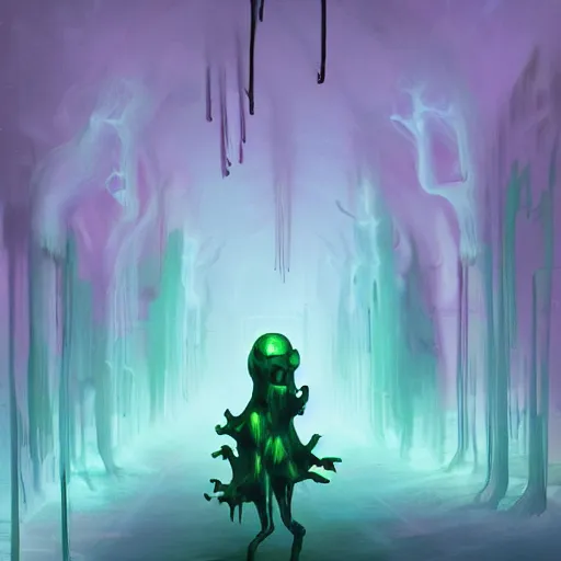 Image similar to a being of green ghostly viscous slime ooze making its way through abandoned midnight streets, skeletal ghosts, wisp lights, rhads,