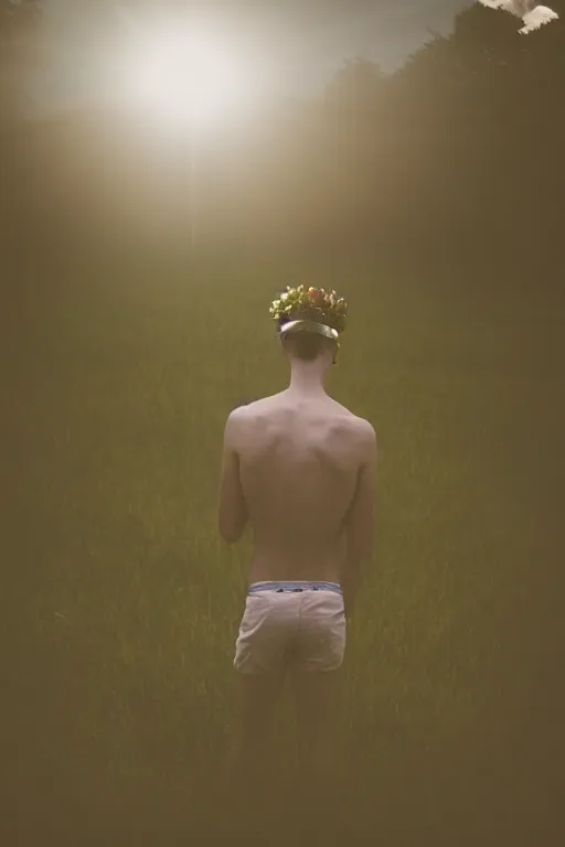 Image similar to agfa vista 4 0 0 photograph of a skinny guy getting abducted by aliens in a field, lens flare, flower crown, back view, moody lighting, moody vibe, telephoto, 9 0 s vibe, grain, vintage, tranquil, calm, faded