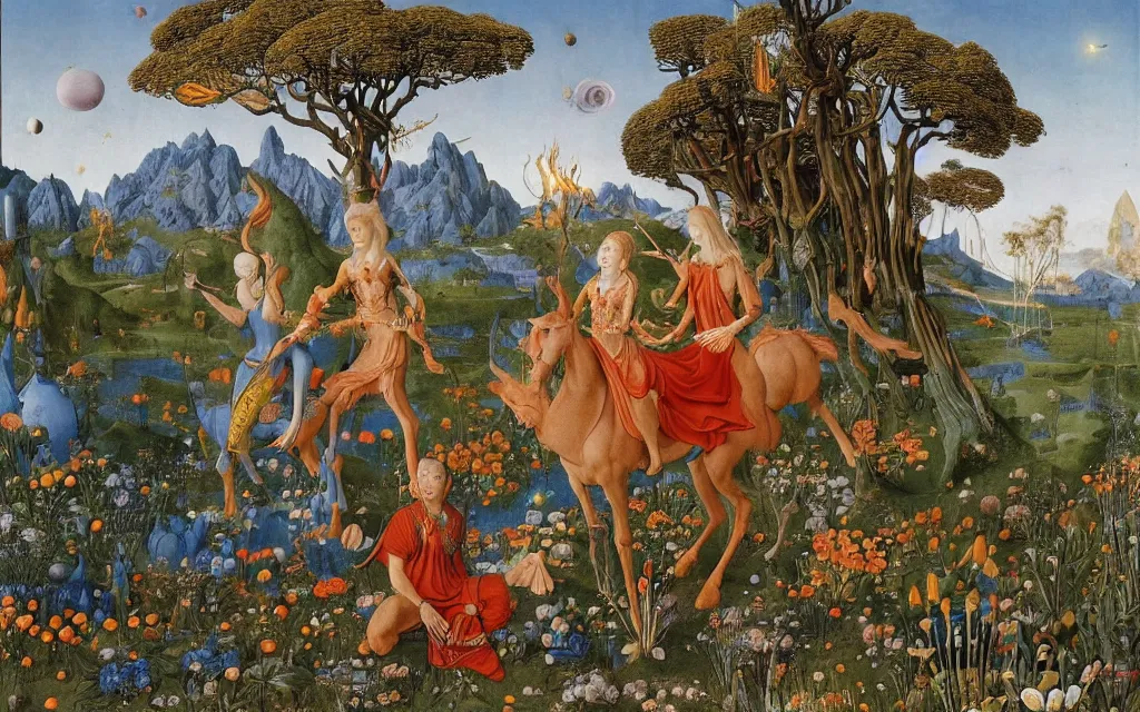 Image similar to a portrait photograph of a meditating elf and a centaur monk riding a rocket machine and hunting at a river delta. surrounded by bulbous flowers and trees. mountain range under a blue sky of fiery stars. by jan van eyck, max ernst, ernst haeckel, ernst fuchs and artgerm, cgsociety, fashion editorial, 8 k