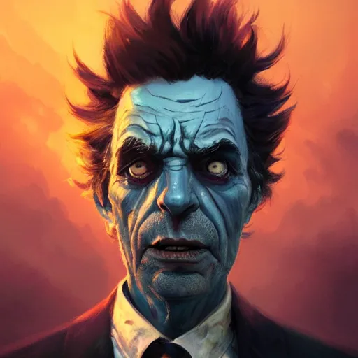 Image similar to closeup portrait of rick sanchez, dramatic light, gorgeous view, depth, high detail, digital art, painted by greg rutkowski and seb mckinnon, by tim burton, trending on artstation