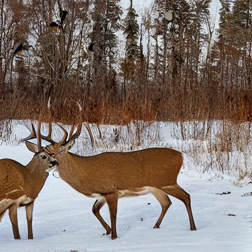 Image similar to deers hunting a hunter, realistic hektachrome, national geographic,