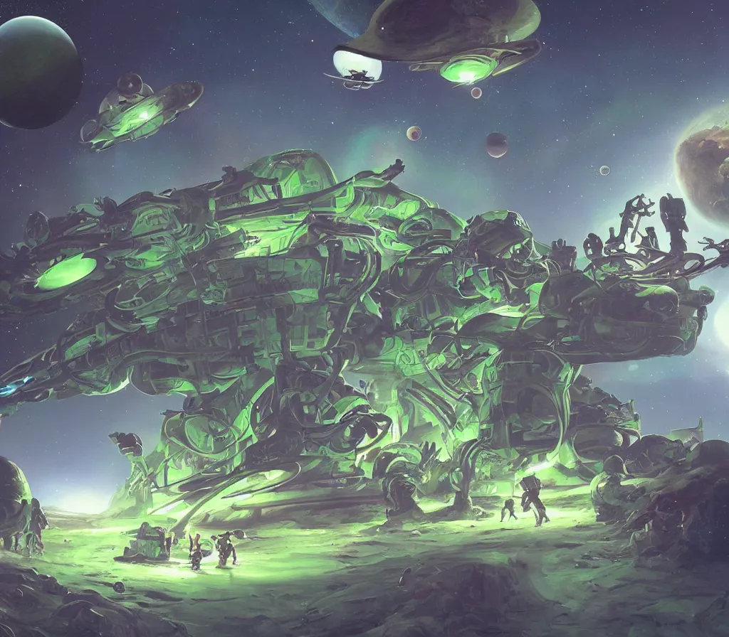Prompt: Astronauts are having a party with green aliens and some dinosaurs on Saturn's ring, by Jordan Grimmer, digital art, trending on Artstation,