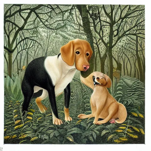 Prompt: a storybook illustration of doggie, oil dotwork on canvas by Matthias Grünewald and Henri Rousseau, trending on flickr, featured on deviantart.