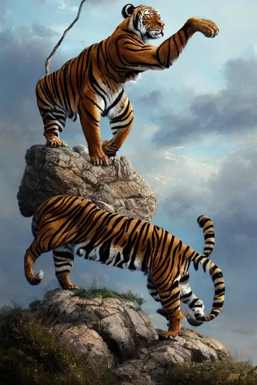 Image similar to a humanoid muscular tiger king stands on a rock by greg rutkowski, magic realism, hyper realistic, 2 0 0 mm lens