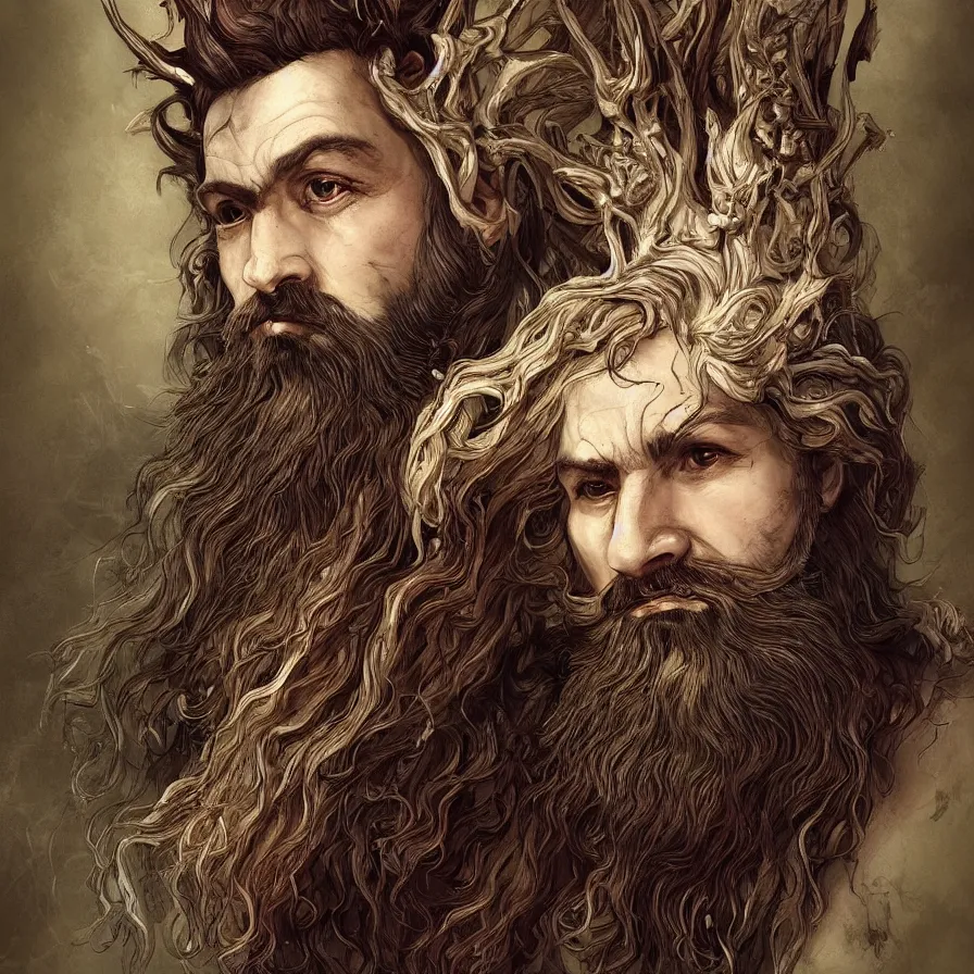 Image similar to Portrait of the Primeval Forest God, a beard Western male deity that brings serenity and wisdom onto the world. Headshot, insanely nice professional hair style, dramatic hair color, digital painting, of a old 17th century, amber jewels, baroque, ornate clothing, scifi, realistic, hyperdetailed, chiaroscuro, concept art, art by Franz Hals and Jon Foster and Ayami Kojima and Amano and Karol Bak,
