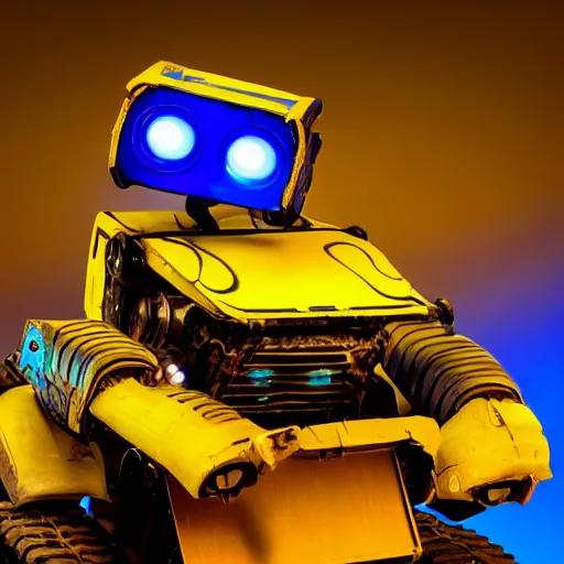 Prompt: wall - e, blue and yellow glowing lights, dark, highly detailed, close up