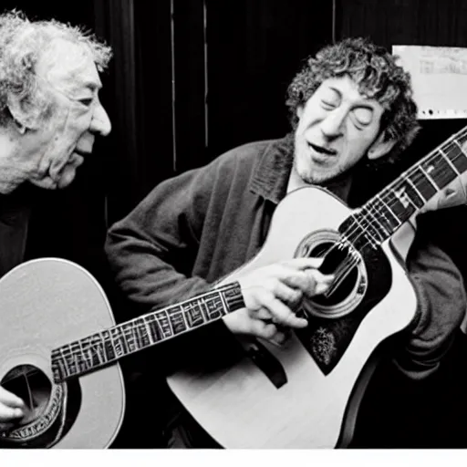 Image similar to bert jansch gives a goblin a guitar lesson