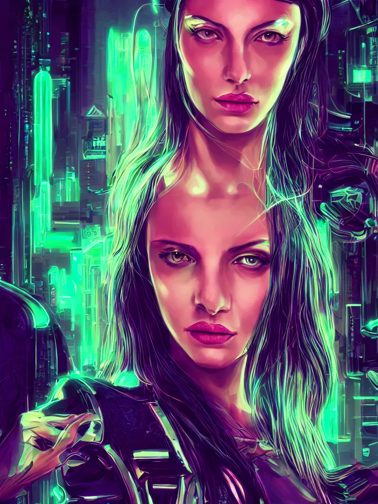 Image similar to Portrait, digital art, tarot style, a single woman with cyberpunk implants neon bright, complex neural pathways, realistic, ultra detailed, royalty, wlop style, antview, 4k, wallpaper,