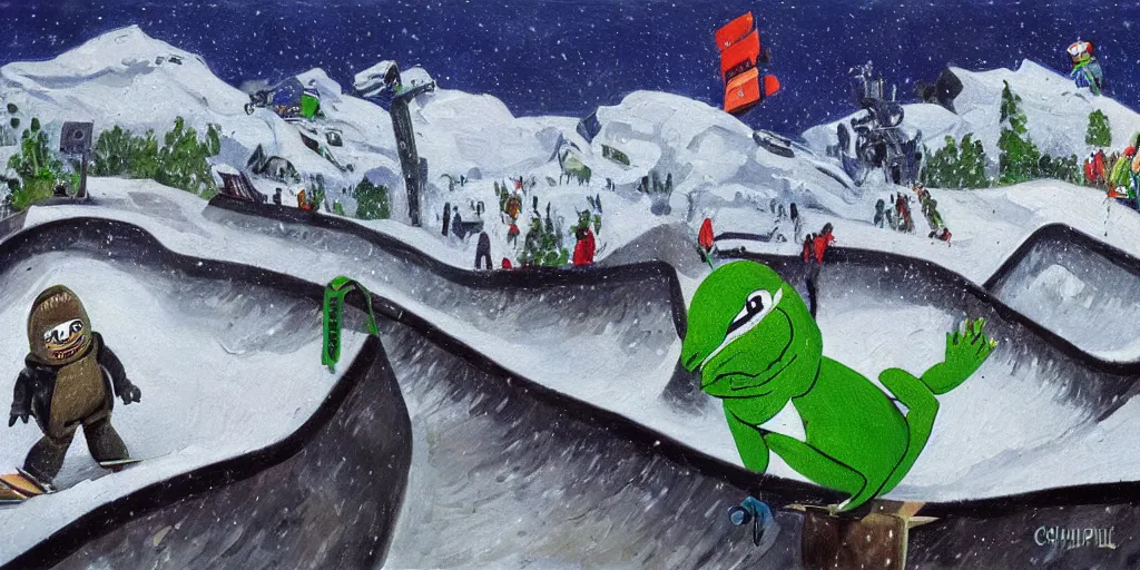 Image similar to sad pepe the frog snowboarding in terrain park, frustration, pain, anger, ramps, half - pipe, gloomy landscape, expressive oil painting by christopher radlund and camille pissaro