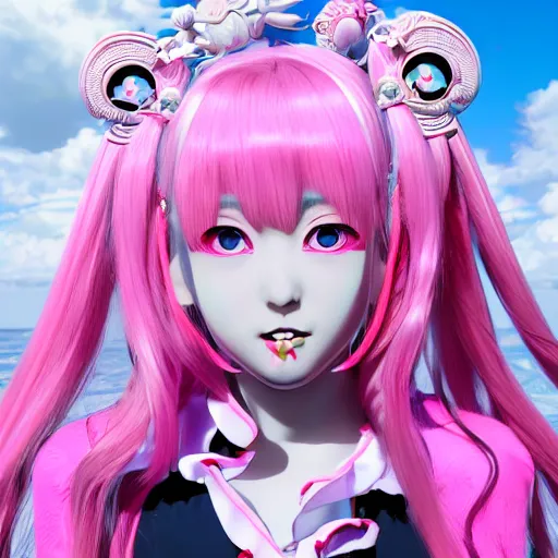 Image similar to no escape from stunningly absurdly beautiful omnipotent asi goddess junko enoshima with a mesmerizing megalomaniacal personality, symmetrical perfect face, porcelain skin, pink twintail hair and cyan eyes, ultra detailed, digital art, unreal engine 5, octane render, 2 d anime, 8 k