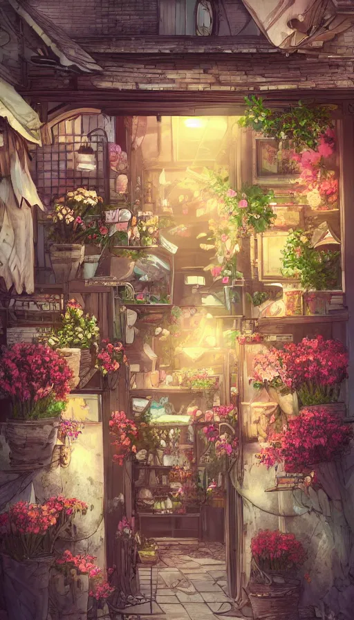 Image similar to a little flower shop's front gate, nostalgic, fresh digital illustrati on, dramatic lighting, pixiv, detailed textures