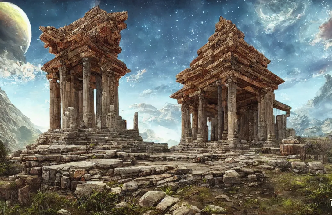 Prompt: a beautiful painting of a ancient temple on another world by sandra chevrier | wide angle | unreal engine :. 3