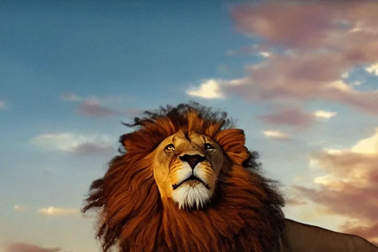 Prompt: cinematic shot of a lion flying in the sky, Steven King movie adaptation