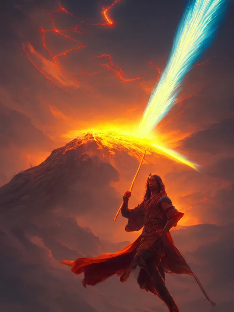 Image similar to levitating wizard wielding a spear opening a shining portal pulsating in the night sky, horizon of an erupting volcano, digital painting, cgsociety, artstation, highly detailed, cinematic lighting