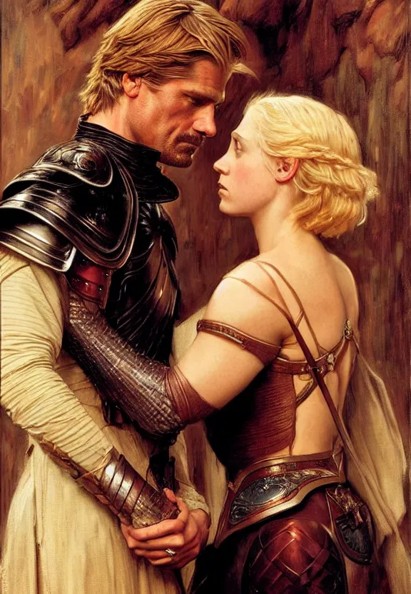 Prompt: attractive fully clothed jaime lannister confesses his love for attractive fully armored brienne of tarth. tender looks. highly detailed painting by gaston bussiere and j. c. leyendecker 8 k