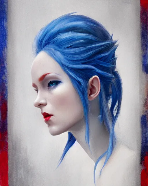 Image similar to A detailed matte oil on canvas head on symmetrical portrait of a distinguished elven woman with split red and blue hair on an empty background, by Charlie bowater, Wlop, trending on artstationhd, dungeons and dragons art, parted hair , half blue, half red , split dye, critical role