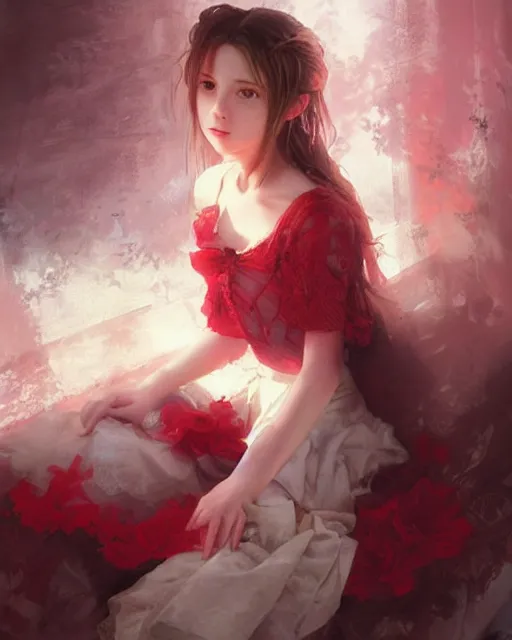 Prompt: aerith gainsborough in red lace skirt, portrait, illustration, rim light, top light, perfectly shaded, soft painting, art by krenz cushart and wenjun lin