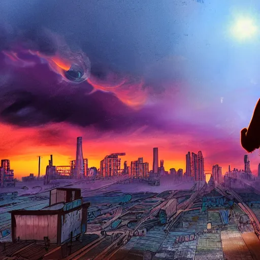 Image similar to cat watches a post apocalyptic city view where the sky is on fire