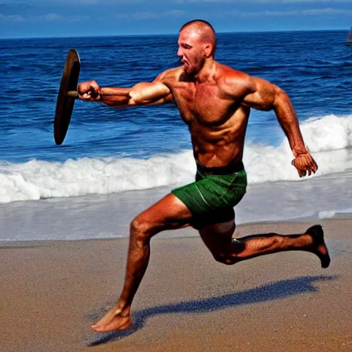 Image similar to spartan warrior sprinting on beach, epic action shot