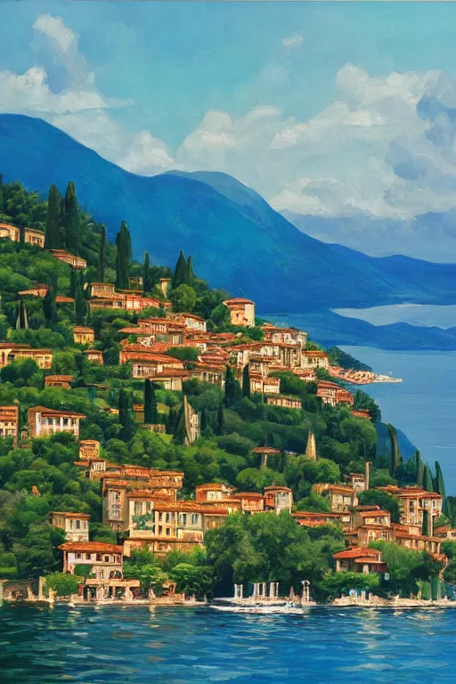 Image similar to Highly detailed oil painting of Lake Como, photorealistic, wide shot, daylight, blue sky, summer, dramatic lighting, award winning, highly detailed, medium format photography, cinestill 800t.