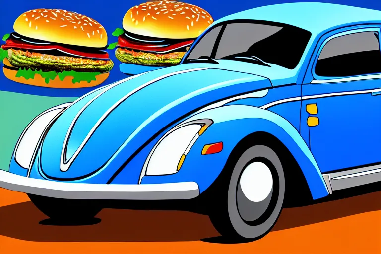 Prompt: a blue beetle car with burgers for wheels, digital art 4 k,