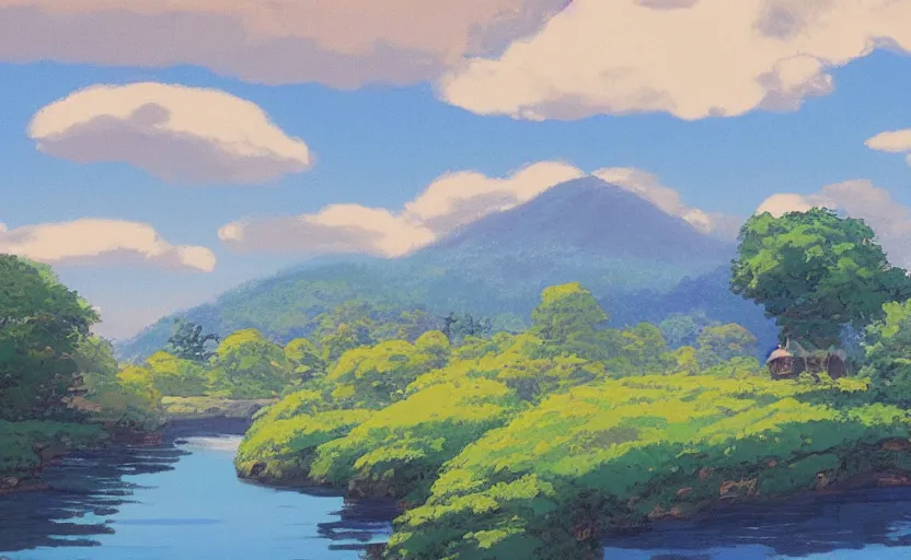 Image similar to a beautiful landscape painted by the best painters of the hudson river's school in the style of studio ghibli