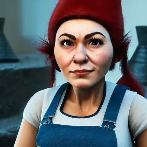 Image similar to extremely realistic portrait of a real life female gnome mechanic artificer character, taken from a movie, trending on artstation, heroic pose, highly detailed, 8k