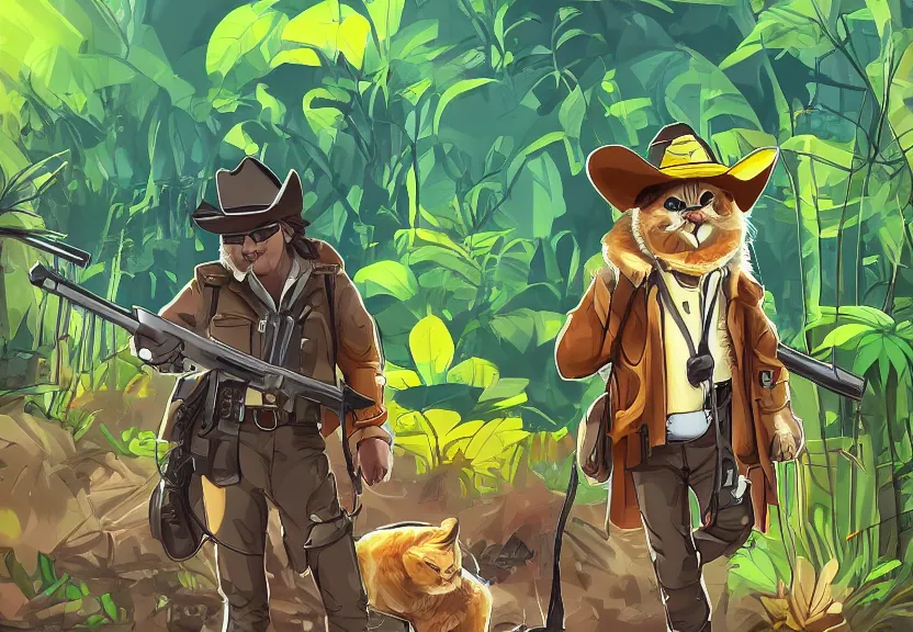 Prompt: a cat wearing a cowboy hat and yellow raincoat and aviator sunglasses carrying an ak 4 7 through the jungle by aenami, alena and bluth, don