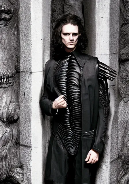 Image similar to a photo of an ancient male model wearing a plain simple designer menswear jacket inspired by h. r. giger designed by alexander mcqueen