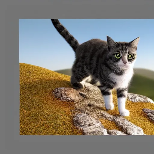 Image similar to an image of a cat on a hill in a rural appalachian landscape, octane render, detailed, 8 k resolution, hyperrealistic