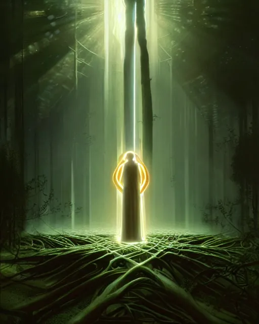 Prompt: tron legacy jesus performing miracles for a crowd in an ancient forest, face, diffuse lighting, hyper realistic, concept art, intricate, hyper detailed, smooth, sharp focus, illustration, artstation, art by greg rutkowski and james gurney and alphonse mucha