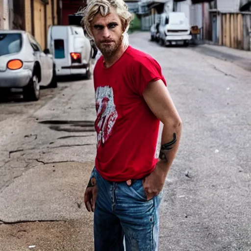 Prompt: A photo of a disheveled man, clean blonde hair, clear eyes, clean shaven, messy, red shirt, meth head, crack head, back alley, grungy, scars, trash barrels