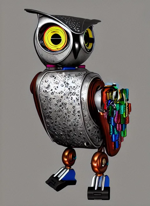 Image similar to colored pencil and pen drawing of an animatronic robot owl, bird made from rusty old keys and padlocks, 4 k photorender realityengine