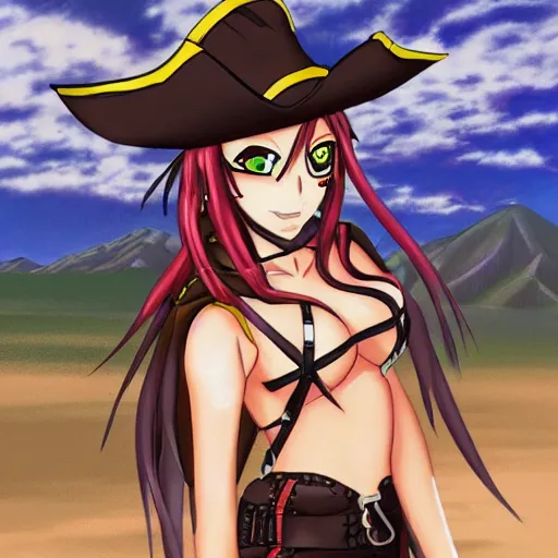 Image similar to Painting of a female anime pirate captain in the middle of a desert, anime contour shading