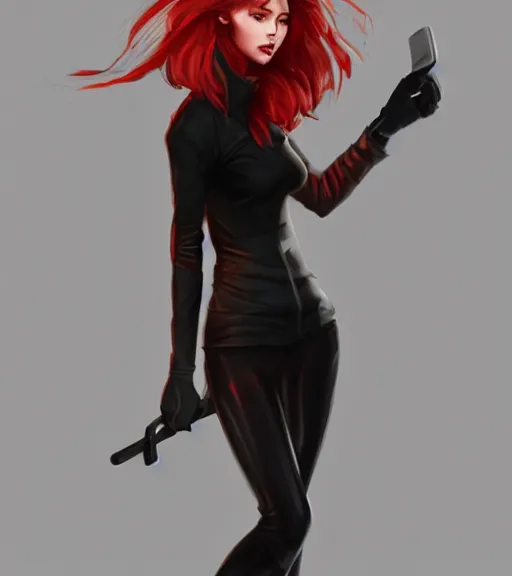 Prompt: a woman wearing black clothes, full body shot, red hair, highly detailed, digital painting, artstation, concept art, smooth, sharp focus, illustration