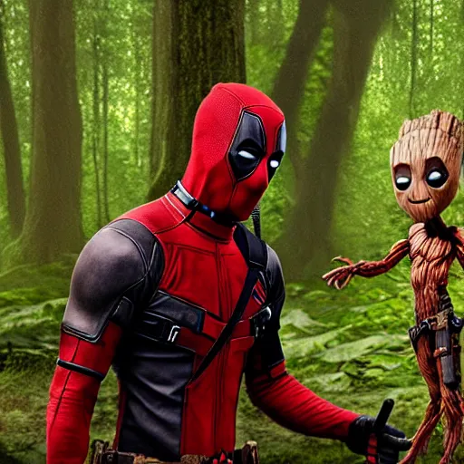 Image similar to deadpool and groot in the woods playing digital art 4 k detailed