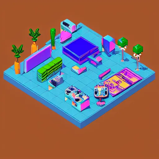 Prompt: “isometric view of 90s gaming system, in style of vaporwave.”