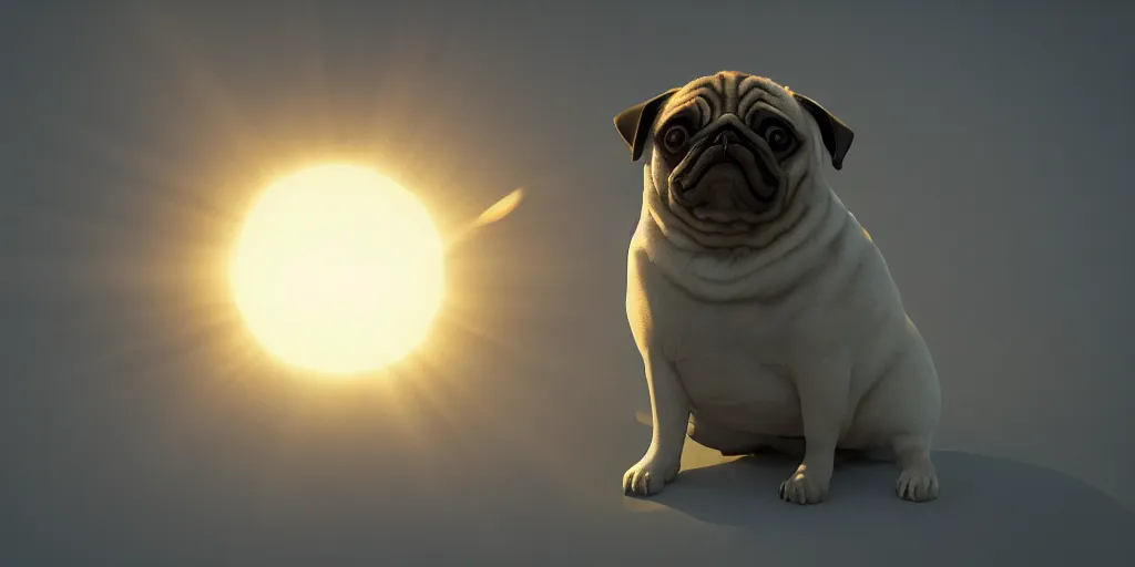 Prompt: fat pug orbiting the sun, still, photograph, trending on artstation, dynamic lighting, cinematic