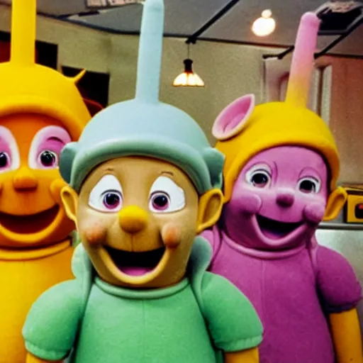 Prompt: teletubbies work at a fried chicken restaurant