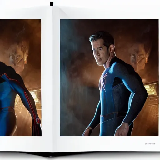 Image similar to ryan reynolds as spider - man, wearing a black and blue suit, cinematic, volumetric lighting, f 8 aperture, cinematic eastman 5 3 8 4 film, photorealistic by greg rutkowski, by stanley artgerm, by alphonse mucha