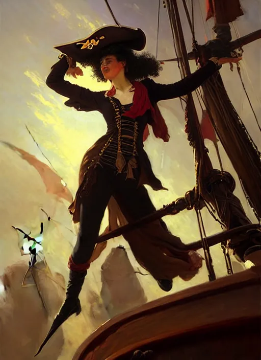 Prompt: rgb, thin, woman, model, short black curly hair, round face, pirate clothes, on a pirate ship, amazing composition & dynamic posing, by franz xavier leyendecker, wlop! muted colors, highly detailed, fantasy art by craig mullins, thomas kinkade cfg _ scale 9
