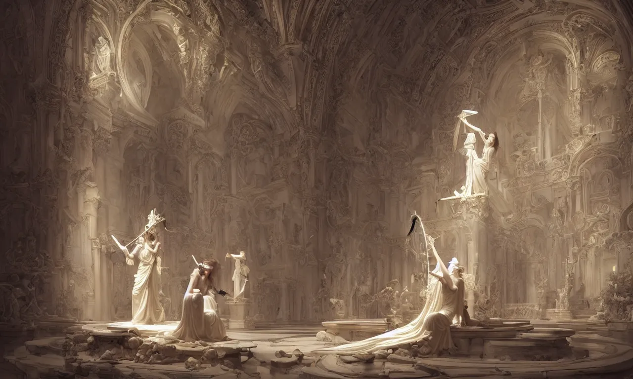 Prompt: a luminous fairytale of a beautiful realistic woman playing the harp in a baroque white marble cathedral. Neon light, masterpiece 4k digital illustration by Ruan Jia and Mandy Jurgens and Artgerm and William-Adolphe Bouguereau, award winning, Artstation, Gustave Dore' background, intricate details, realistic, panoramic view, volumetric lighting, Hyperdetailed, 8k resolution, intricate art nouveau, rendered in Unreal Engine 3