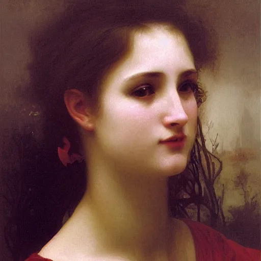 Prompt: A masterpiece head and shoulders portrait of with fangs crying tears of red blood by William Adolphe Bouguereau 1n 6