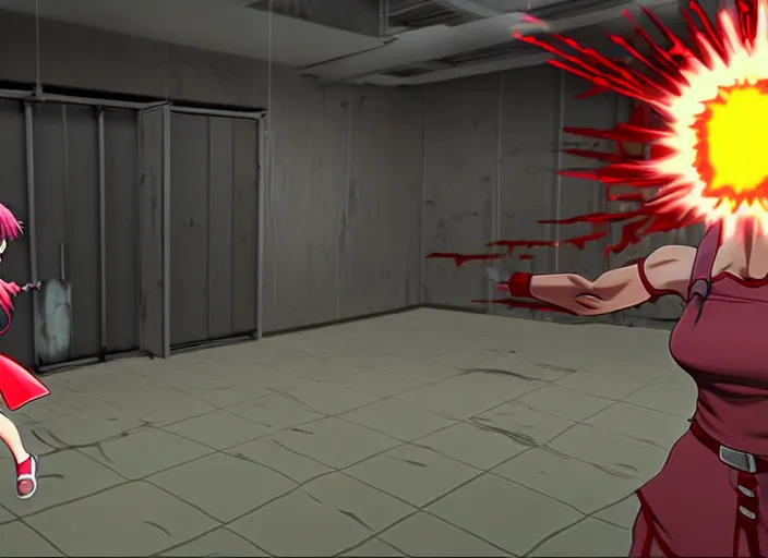 Image similar to an anime girl in a screenshot of the video game doom, the anime girl is running