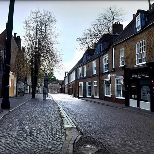 Prompt: english town street, photo, google street view, a black hole is growing and absorbing the street